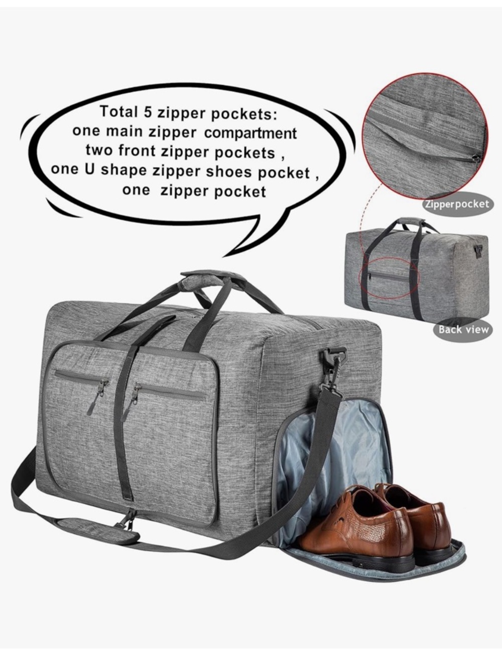 Gray Travel Duffle Bag with Removable Pouch - Picture 3 of 7
